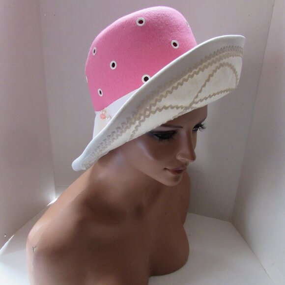Vintage 1970 Era Hat High Crown Pink Felt White Brim main image 5